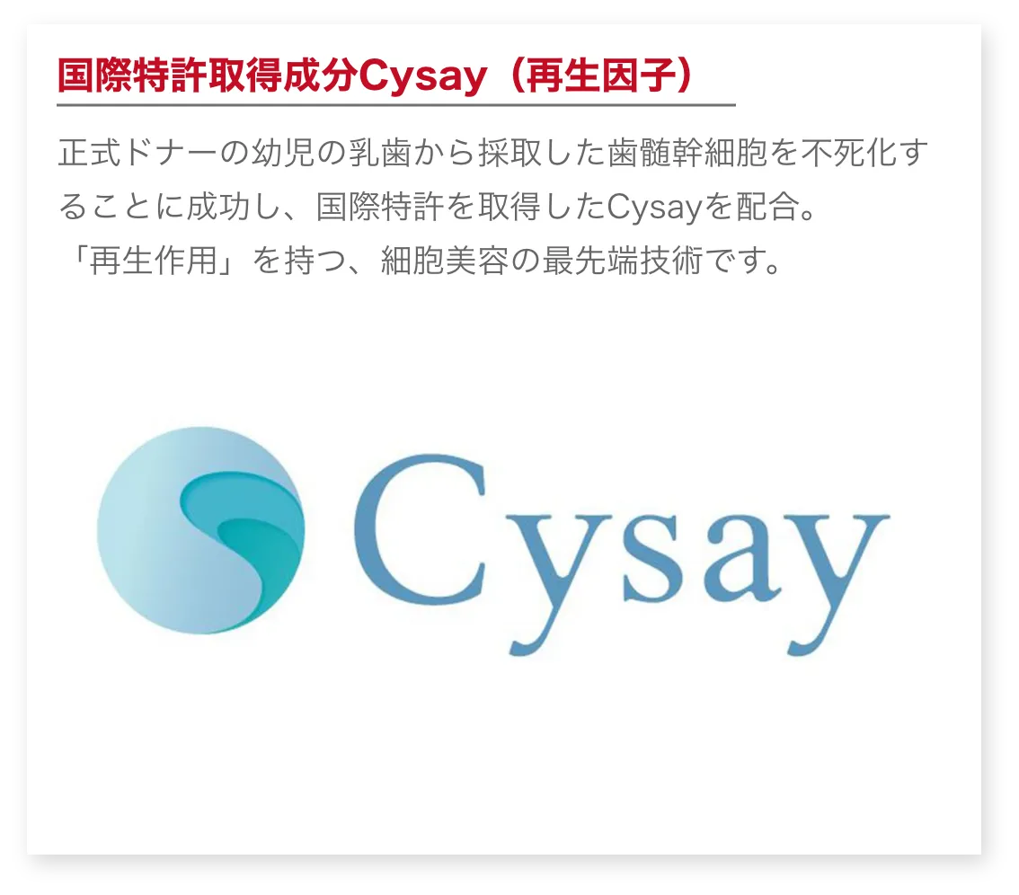国際特許取得成分Cysay（再生因子）正式ドナーの幼児の乳歯から採取した歯髄幹細胞を不死化することに成功し、国際特許を取得したCysayを配合。「再生作用」を持つ、細胞美容の最先端技術です。